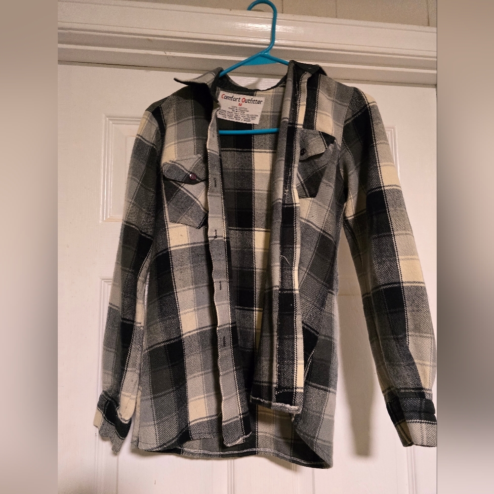 Black and Cream Plaid Men's Casual Button Down Shirt